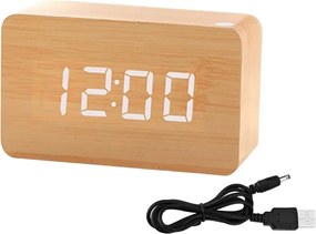 Ξύλινο Επιτραπέζιο Ψηφιακό Ρολόι με οθόνη LED, Ξυπνητήρι, Θερμόμετρο - Μπεζ