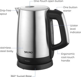 BRUNO ηλεκτρικός βραστήρας BRN-0030, 2200W, 1.7lt, βάση 360°