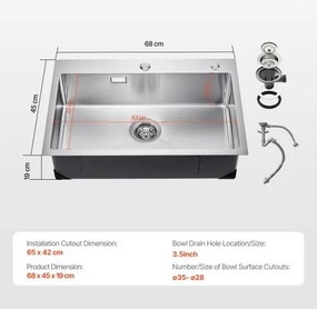 VEVOR 68cm Kitchen Sink Top Mount Single Bowl Drop-In Basin Stainless Steel Bar