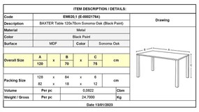 Τραπέζι BAXTER 120x70cm Sonoma Oak/Βαφή Μαύρη