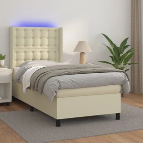 vidaXL Κρεβάτι Boxspring με Στρώμα & LED Κρεμ 90x200 εκ. Συνθ. Δέρμα