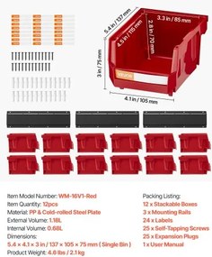 VEVOR Wall Mounted Storage Bins, 12 Plastic Bins &amp; 3 Metal Rails, Plastic Hanging Stackable Storage Bin for Screws, Nuts, Bolts, Nails, Hardware Tool Organizer for Workshop, Craft Room, Garage, Red