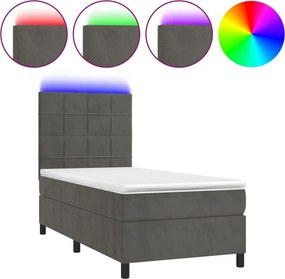 vidaXL Κρεβάτι Boxspring με Στρώμα &amp; LED Σκ. Γκρι 90x190 εκ. Βελούδινο