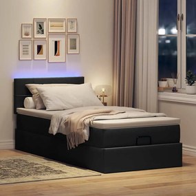 vidaXL Οθωμανικό κρεβάτι με στρώμα &amp; LEDs Μαύρο ύφασμα 90x190cm