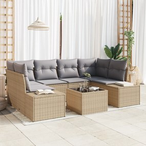 vidaXL Σετ Σαλονιού Κήπου 7 Τεμαχίων με Μαξιλάρια Μπεζ Πολυ Ρατάν