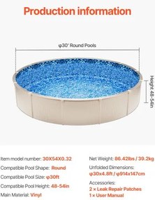 VEVOR Round Pool Liner 30ft Overlap Style Pool Liner 54in Wall Height