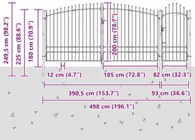 vidaXL Πύλη Κήπου με Κορυφή Ακίδας Γκρι 195x500 εκ Σιδερέας