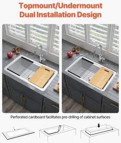 VEVOR 33in Farmhouse Sink Topmount Undermount Kitchen Single Bowl Basin Fireclay