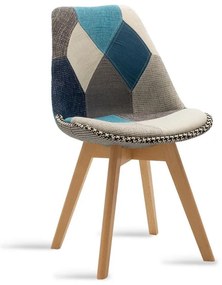 Chair Gaston fabric patchwork blue-grey-oak 47.5x57x80.5 εκ.