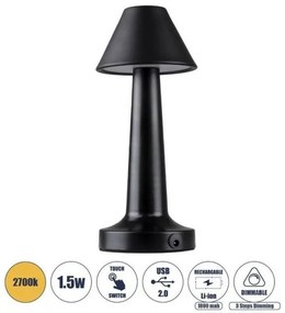 Επαναφορτιζόμενο Επιτραπέζιο Φωτιστικό USB LED 1.5W Αφής MOLLY Globostar-76515-Μαύρο 76515