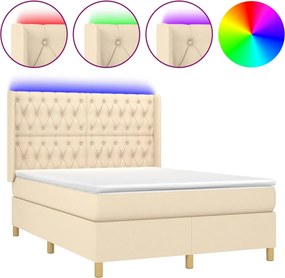 vidaXL Κρεβάτι Boxspring με Στρώμα &amp; LED Κρεμ 140x200 εκ. Υφασμάτινο