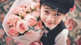 Intra Συλλεκτικό Ξύλινο Παζλ Plywood  4mm - Young Boy που κρατά μπουκέτο με ροζ τριαντάφυλλα Σε Ξύλινο Κουτί - Διαστάσεις Puzzle: 10x10 cm – 25 κομμάτια