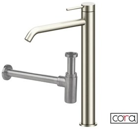 Cora Cosmo Μπαταρία νιπτήρος θερμομικτική υψηλή &amp; βαλβίδα clic-clac &amp; Σιφών νιπτήρος Inox 316L Brushed