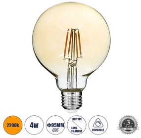 GloboStar® 99039 LED Long Filament Bulb E27 G95 Globe 4W 350lm 360° AC 220-240V IP20 D9.5 x H13.5cm Ultra Θερμό Λευκό 2200K με Μελί Γυαλί - Dimmable - 3 Years Warranty