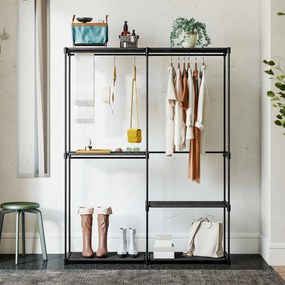 Φορητό ράφι ρούχων, μεταλλικός σκελετός, υφασμάτινα ράφια, πολύς χώρος, μαύρο