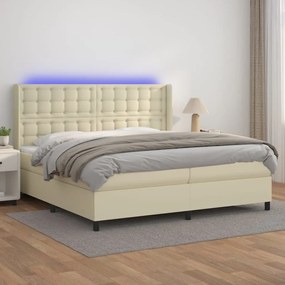 vidaXL Κρεβάτι Boxspring με Στρώμα & LED Κρεμ 200x200 εκ. Συνθ. Δέρμα