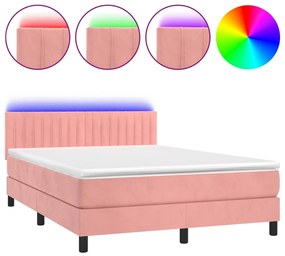vidaXL Κρεβάτι Boxspring με Στρώμα &amp; LED Ροζ 140x190 εκ. Βελούδινο