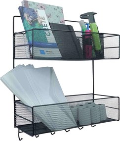 Βάση Τοίχου με 2 Ράφια και Γάντζους 35x15x44cm Άσπρο ή Μαύρο - Μαύρο