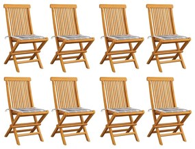 vidaXL Καρέκλες Κήπου 8 τεμ από Μασίφ Ξύλο Teak με Γκρι Καρό Μαξιλάρια