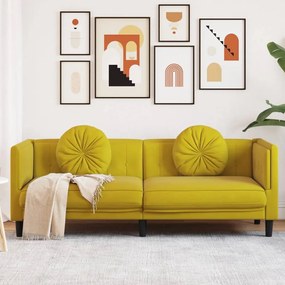 Καναπές Τριθέσιος Κίτρινο από Βελούδο με Μαξιλάρια