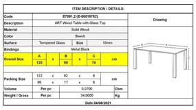 Τραπέζι ART Wood  120x80cm Ξύλο/Γυαλί 10mm