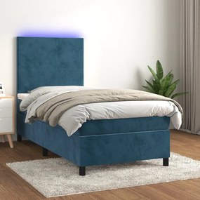 Κρεβάτι Boxspring με Στρώμα & LED Σκ. Μπλε 90x190 εκ. Βελούδινο