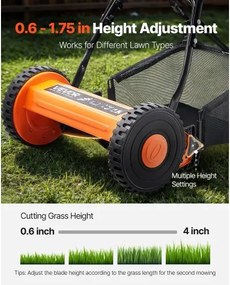 VEVOR 14" Push Reel Lawn Mower 5-Blade Adjustable Height Grass Catcher 2 Wheels