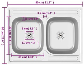 Νεροχύτης Διπλή Γούρνα Ασημί 800x600x155 χιλ. Ανοξείδωτο Ατσάλι - Ασήμι