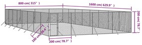 vidaXL Κλουβί Σκύλου Εξωτερ. Χώρου Ασημί 8x16x2 μ. από Γαλβαν. Ατσάλι