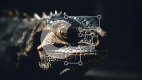 Σετ των 2 Intra Συλλεκτικό Ξύλινο Παζλ Plywood 4mm - Κοντινό πλάνο του κεφαλιού ενός ιγκουάνα Σε Ξύλινο Κουτί - Διαστάσεις: 10x10 cm – 25 κομμάτια