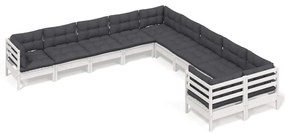 vidaXL Σαλόνι Κήπου Σετ 10 Τεμαχίων Λευκό από Ξύλο Πεύκου με Μαξιλάρια