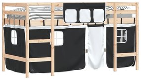 Υπερυψ. Κρεβάτι με Κουρτίνες Λευκό/Μαύρο 80x200 εκ. Μασίφ Πεύκο - Μαύρο