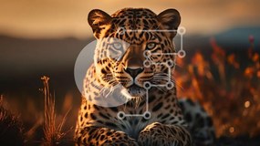 Σετ των 2 Intra Συλλεκτικό Ξύλινο Παζλ Plywood  4mm - Λεοπάρδαλη κάθεται στο γρασίδι στο ηλιοβασίλεμα Σε Ξύλινο Κουτί - Διαστάσεις: 10x10 cm – 25 κομμάτια