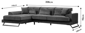 Γωνιακός καναπές PWF-0575 pakoworld δεξιά γωνία ύφασμα γκρι 308/190x92εκ - Ύφασμα - 071-001412
