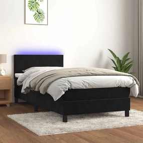 vidaXL Κρεβάτι Boxspring με Στρώμα &amp; LED Μαύρο 90x190 εκ. Βελούδινο