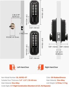 VEVOR Mechanical Keyless Entry Door Lock, 2.0 Code Upgrade, 4-7 Digits Code, Double-Sided Push Button Combination Mechanical Keypad Door Knob, Auto Locking, for Indoor or Outdoor, Oil-Rubbed Bronze