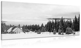 Εικόνα εξοχικής κατοικίας στη χιονισμένη φύση σε ασπρόμαυρο