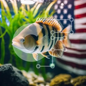 Intra Συλλεκτικό Ξύλινο Παζλ Plywood 4mm - Ριγέ ψάρια στο ενυδρείο με αμερικανική σημαία Σε Ξύλινο Κουτί - Διαστάσεις: 10x10 cm – 25 κομμάτια