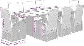 vidaXL Σετ Τραπεζαρίας Κήπου 9 τεμ. Γκρι Συνθ. Ρατάν με Μαξιλάρια