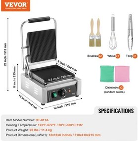 VEVOR Commercial Panini Press Grill Electric Sandwich Maker Griddle Plate 9"x9"