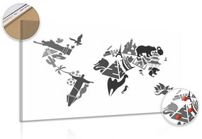 Εικόνα στον παγκόσμιο χάρτη από φελλό με σύμβολα μεμονωμένων ηπείρων σε μαύρο & άσπρο - 120x80  wooden