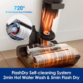 Tineco Floor One S7 Flashdry Pet ηλεκτρική σκούπα, 230W, 0.72 l βρώμικο/0.85 l καθαρό, 40 λεπτά αυτονομία, 4 λειτουργίες, σύστημα αυτοκαθαρισμού FlashDry, οθόνη LED, Μαύρο