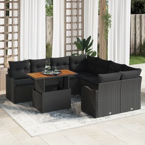 vidaXL 9 Τεμαχίων Σετ Καναπέ Κήπου Με Μαξιλάρια Μαύρο Πολυ Ρατάν Ακακία