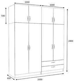 Ντουλάπα ρούχων Victoria Megapap τετράφυλλη με πατάρι και συρτάρια χρώμα λευκό 200x60x240εκ.