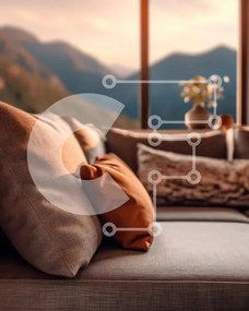 Intra Συλλεκτικό Ξύλινο Παζλ Plywood 4mm - Άνετο σαλόνι με γκρι καναπέ και θέα στο βουνό Σε Ξύλινο Κουτί - Διαστάσεις Puzzle: 10x10 cm – 25 κομμάτια