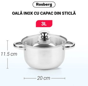 Κατσαρόλα Rosberg R51210O20, 3L, 20 cm, Γυάλινο καπάκι με τρύπα εκτόνωσης ατμού, Inox