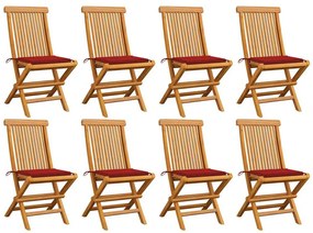 vidaXL Καρέκλες Κήπου 8 τεμ. από Μασίφ Ξύλο Teak με Κόκκινα Μαξιλάρια