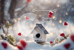 Intra Συλλεκτικό Ξύλινο Παζλ Plywood  4mm - Birdhouse στο χιόνι με κόκκινες καρδιές Σε Ξύλινο Κουτί - Διαστάσεις Puzzle: 10x10 cm – 25 κομμάτια