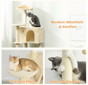 Δέντρο για γάτες 140 εκ. Πύργος για γάτες με αιώρα, σκάλα, σπηλιά, 2 μπάλες από βελούδο, στύλοι από σιζάλ, 48 x 48 x 140 εκ., Μπεζ