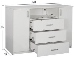 Μπουφές Με 2 Ντουλάπια Κ 3 Συρτάρια Adler Λευκός 120x45x85y Εκ.